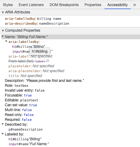 Инструменты разработчика в Chrome показывают имя поля из aria-labelledby и описание с использованием aria-describedby