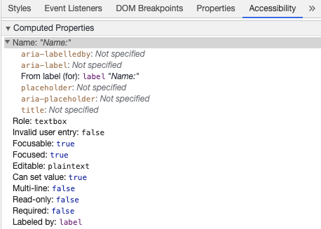 Инструменты разработчика в Chrome показывают имя для поля из метки